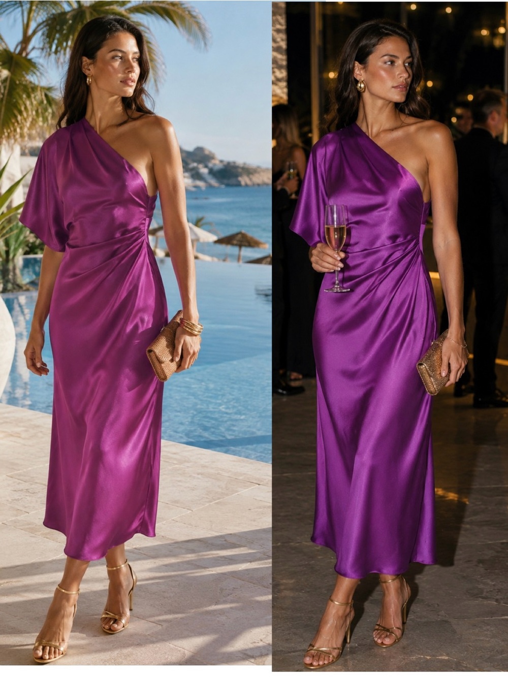 ZARA Asymmetric Satin Midi Dress Purple One Shoulder Draped Sleeve Cocktail XL